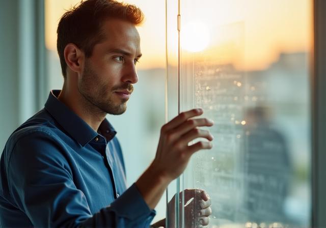 Professionista che pianifica strategicamente su una lavagna trasparente