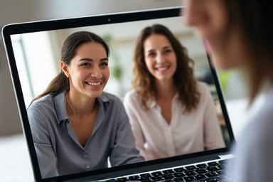 Due professionisti sorridenti durante una videochiamata di coaching