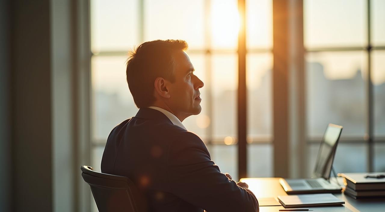 Professionista riflessivo in un ambiente di lavoro moderno e luminoso